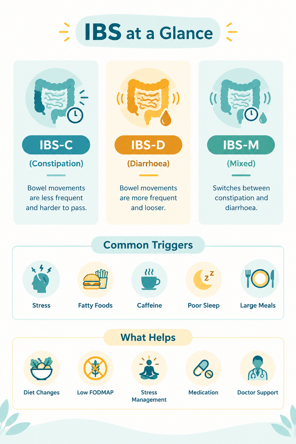 IBS at a Glance infographic showing IBS-C constipation, IBS-D diarrhoea, and IBS-M mixed types, plus common triggers and helpful approaches such as diet changes, low FODMAP, stress management, medication, and doctor support.